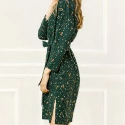 Allegra K Women's Floral Belted 3/4 Sleeve V Neck Ruched Chiffon Midi A-Line Dress