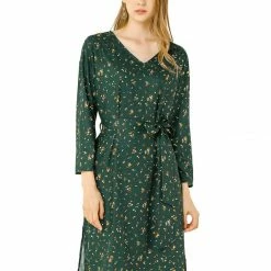 Allegra K Women's Floral Belted 3/4 Sleeve V Neck Ruched Chiffon Midi A-Line Dress