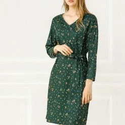 Allegra K Women's Floral Belted 3/4 Sleeve V Neck Ruched Chiffon Midi A-Line Dress