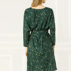 Allegra K Women's Floral Belted 3/4 Sleeve V Neck Ruched Chiffon Midi A-Line Dress