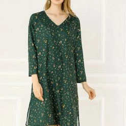 Allegra K Women's Floral Belted 3/4 Sleeve V Neck Ruched Chiffon Midi A-Line Dress