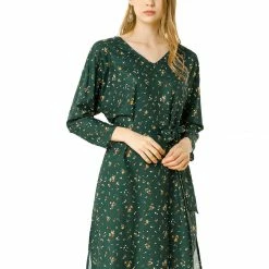 Allegra K Women's Floral Belted 3/4 Sleeve V Neck Ruched Chiffon Midi A-Line Dress