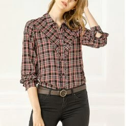 Allegra K Women's Work Plaid Button Up Spread Yoke Long Sleeve Office Shirt