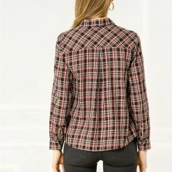 Allegra K Women's Work Plaid Button Up Spread Yoke Long Sleeve Office Shirt