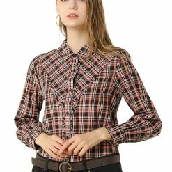 Allegra K Women's Work Plaid Button Up Spread Yoke Long Sleeve Office Shirt