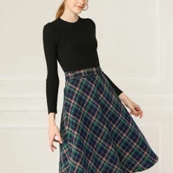 Allegra K Women's Tartan Plaid High Waist Belted Vintage A-Line Midi Skirt