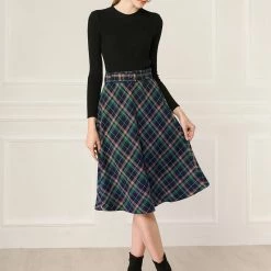 Allegra K Women's Tartan Plaid High Waist Belted Vintage A-Line Midi Skirt