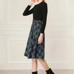 Allegra K Women's Tartan Plaid High Waist Belted Vintage A-Line Midi Skirt