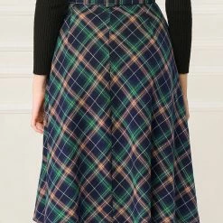 Allegra K Women's Tartan Plaid High Waist Belted Vintage A-Line Midi Skirt