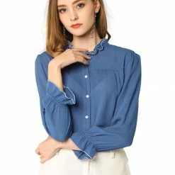 Allegra K Women's Ruffle Contrast Trim Shirt Bracelet Sleeve Button Up Blouse