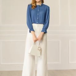 Allegra K Women's Ruffle Contrast Trim Shirt Bracelet Sleeve Button Up Blouse