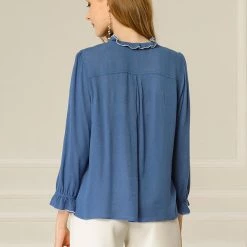 Allegra K Women's Ruffle Contrast Trim Shirt Bracelet Sleeve Button Up Blouse