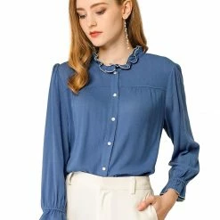Allegra K Women's Ruffle Contrast Trim Shirt Bracelet Sleeve Button Up Blouse