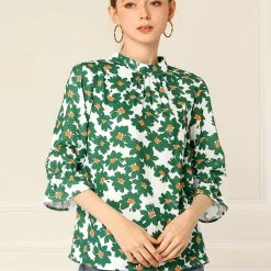 Allegra K Women's Ruffle 3/4 Sleeves Pleated Stand Collar Tie Keyhole Back Floral Printed Blouse Top 40 Allegra K Women's Ruffle 3/4 Sleeves Pleated Stand Collar Tie Keyhole Back Floral Printed Blouse Top