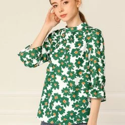 Allegra K Women's Ruffle 3/4 Sleeves Pleated Stand Collar Tie Keyhole Back Floral Printed Blouse Top 42 Allegra K Women's Ruffle 3/4 Sleeves Pleated Stand Collar Tie Keyhole Back Floral Printed Blouse Top