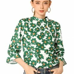 Allegra K Women's Ruffle 3/4 Sleeves Pleated Stand Collar Tie Keyhole Back Floral Printed Blouse Top 39 Allegra K Women's Ruffle 3/4 Sleeves Pleated Stand Collar Tie Keyhole Back Floral Printed Blouse Top