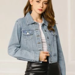 Allegra K Women's Casual Crop Button Down Basic Washed Jean Denim Jacket 17 Allegra K Women's Casual Crop Button Down Basic Washed Jean Denim Jacket