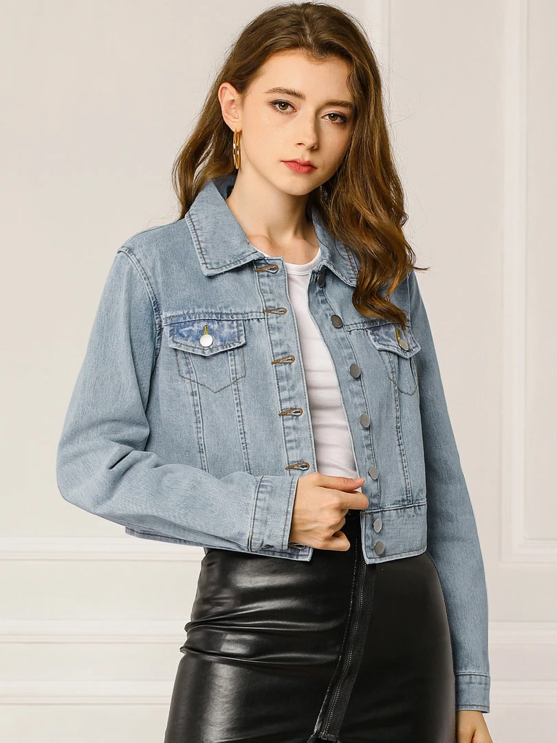 Allegra K Women's Casual Crop Button Down Basic Washed Jean Denim Jacket 5 Allegra K Women's Casual Crop Button Down Basic Washed Jean Denim Jacket