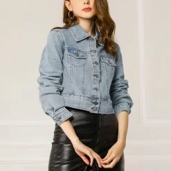 Allegra K Women's Casual Crop Button Down Basic Washed Jean Denim Jacket 18 Allegra K Women's Casual Crop Button Down Basic Washed Jean Denim Jacket