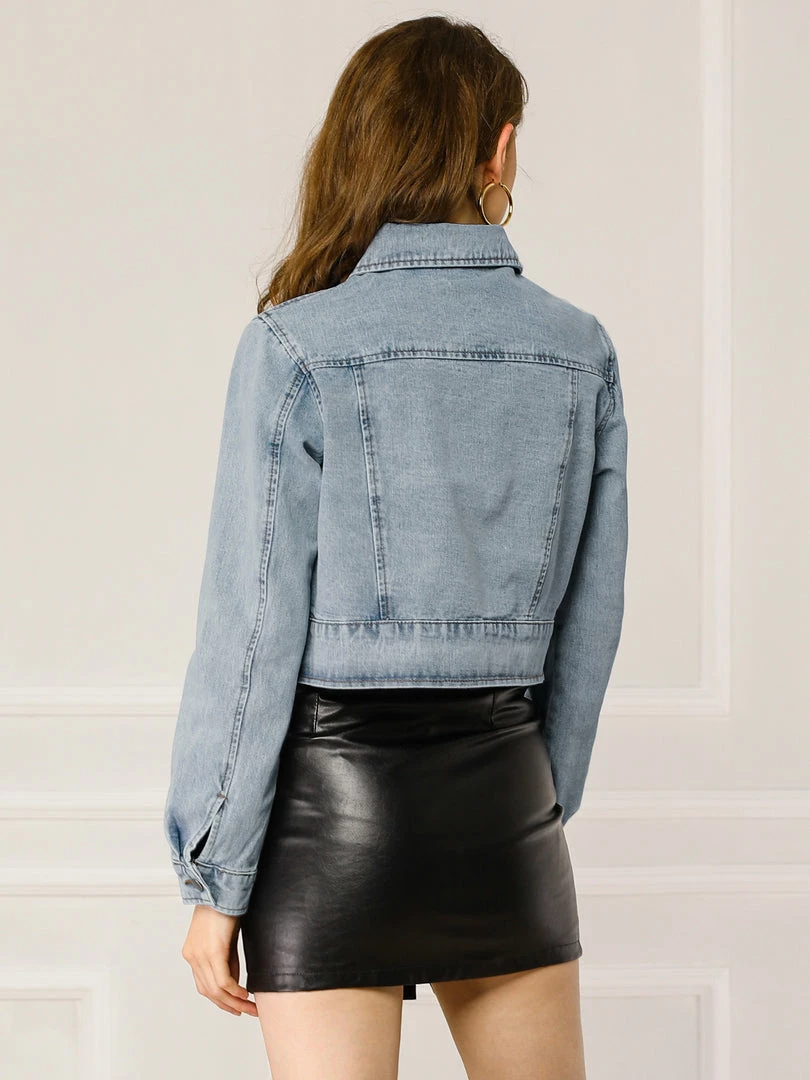 Allegra K Women's Casual Crop Button Down Basic Washed Jean Denim Jacket 8 Allegra K Women's Casual Crop Button Down Basic Washed Jean Denim Jacket