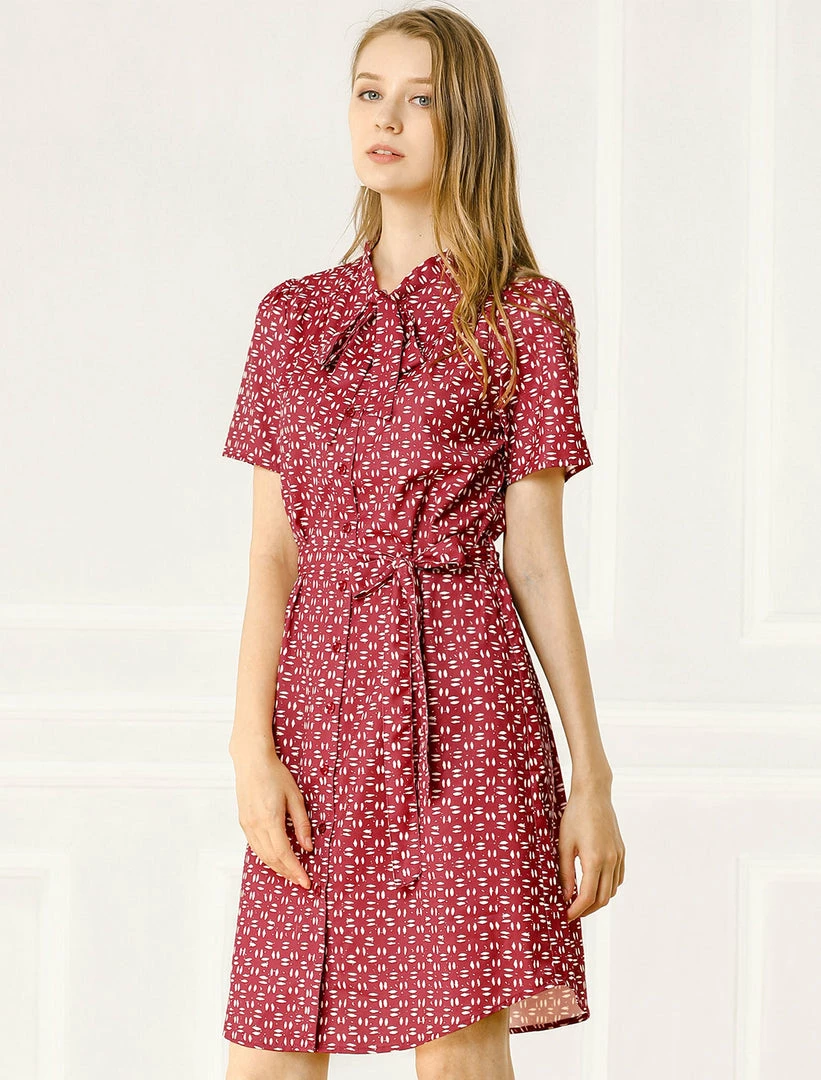 Allegra K Women's Dot Printed Tie Neck Button Down Belt Vintage Dress 5 Allegra K Women's Dot Printed Tie Neck Button Down Belt Vintage Dress