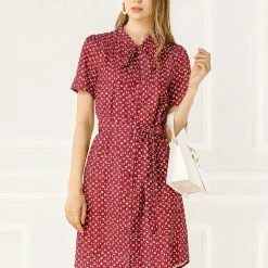 Allegra K Women's Dot Printed Tie Neck Button Down Belt Vintage Dress 13 Allegra K Women's Dot Printed Tie Neck Button Down Belt Vintage Dress