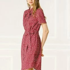 Allegra K Women's Dot Printed Tie Neck Button Down Belt Vintage Dress 14 Allegra K Women's Dot Printed Tie Neck Button Down Belt Vintage Dress