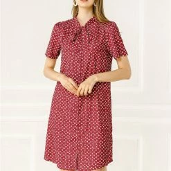 Allegra K Women's Dot Printed Tie Neck Button Down Belt Vintage Dress 16 Allegra K Women's Dot Printed Tie Neck Button Down Belt Vintage Dress