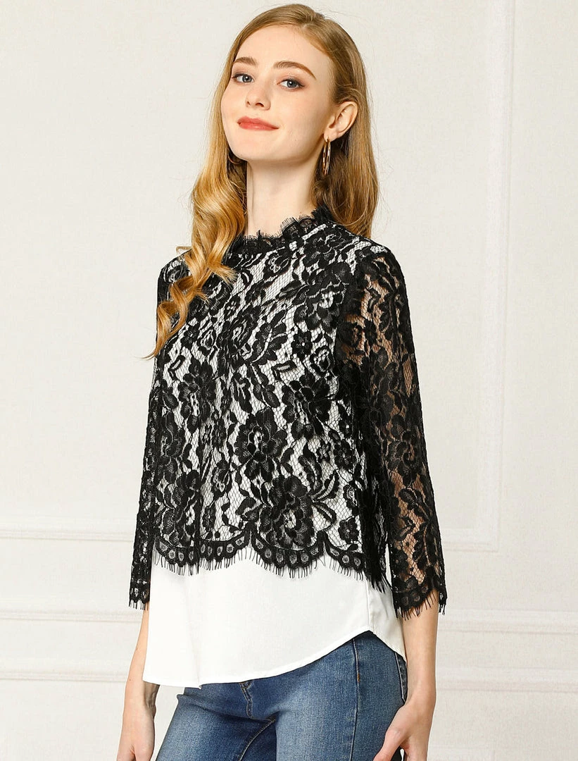 Allegra K Women's Lace Floral Trim Tops Ruffle Neck See-Through Blouse 5 Allegra K Women's Lace Floral Trim Tops Ruffle Neck See-Through Blouse