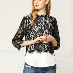 Allegra K Women's Lace Floral Trim Tops Ruffle Neck See-Through Blouse 12 Allegra K Women's Lace Floral Trim Tops Ruffle Neck See-Through Blouse