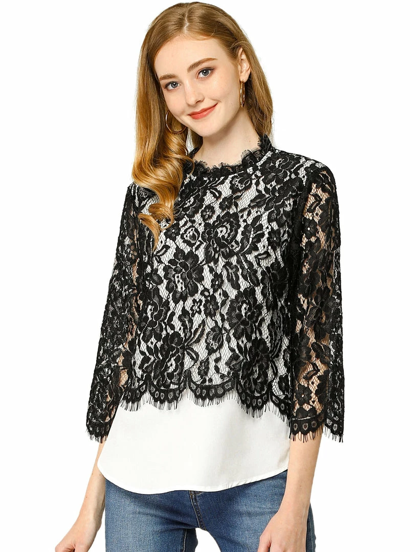 Allegra K Women's Lace Floral Trim Tops Ruffle Neck See-Through Blouse 4 Allegra K Women's Lace Floral Trim Tops Ruffle Neck See-Through Blouse