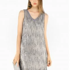 Allegra K Women's Sequin Sleeveless V Neck Above Knee Fringe Shift Party Dress