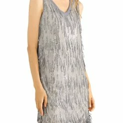 Allegra K Women's Sequin Sleeveless V Neck Above Knee Fringe Shift Party Dress