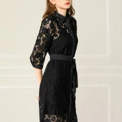 Allegra K Women's Lace Semi Sheer Tie Waist Belted Turn Down Collar 1/2 Sleeve Solid Below Knee Floral Button Down Shirt Dress