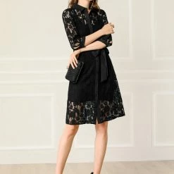 Allegra K Women's Lace Semi Sheer Tie Waist Belted Turn Down Collar 1/2 Sleeve Solid Below Knee Floral Button Down Shirt Dress