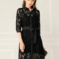 Allegra K Women's Lace Semi Sheer Tie Waist Belted Turn Down Collar 1/2 Sleeve Solid Below Knee Floral Button Down Shirt Dress