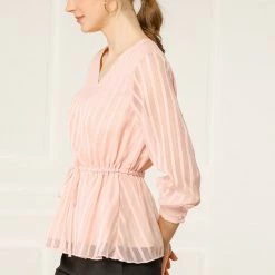 Allegra K Women's Peplum Tops V Neck Tie Waist Work Shirt Long Sleeves Chiffon Blouse