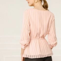 Allegra K Women's Peplum Tops V Neck Tie Waist Work Shirt Long Sleeves Chiffon Blouse