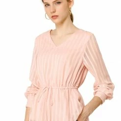 Allegra K Women's Peplum Tops V Neck Tie Waist Work Shirt Long Sleeves Chiffon Blouse