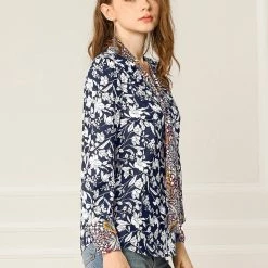 Allegra K Boho Floral Printed Shirts V Neck Pussy-Bow Blouse Top Women