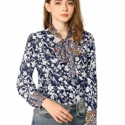 Allegra K Boho Floral Printed Shirts V Neck Pussy-Bow Blouse Top Women