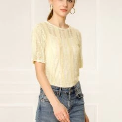 Allegra K Women's Lace Semi Sheer Short Sleeve Vintage Tops Shirts 21 Allegra K Women's Lace Semi Sheer Short Sleeve Vintage Tops Shirts