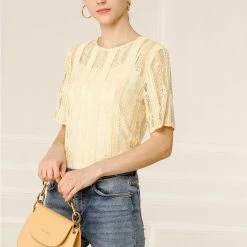 Allegra K Women's Lace Semi Sheer Short Sleeve Vintage Tops Shirts 22 Allegra K Women's Lace Semi Sheer Short Sleeve Vintage Tops Shirts