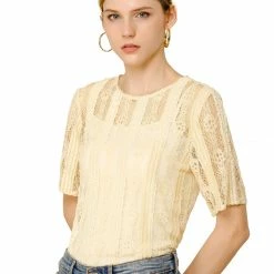 Allegra K Women's Lace Semi Sheer Short Sleeve Vintage Tops Shirts 20 Allegra K Women's Lace Semi Sheer Short Sleeve Vintage Tops Shirts