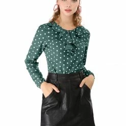 Allegra K Ruffle Neck Vintage Polka Dots Long Sleeve Blouse Clothing