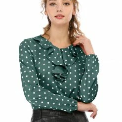 Allegra K Ruffle Neck Vintage Polka Dots Long Sleeve Blouse Clothing