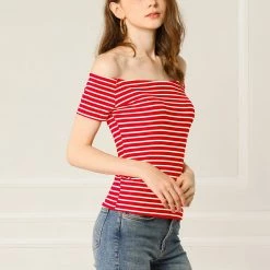 Allegra K Women's Slim Fit Short Sleeves Off The Shoulder Cropped Top