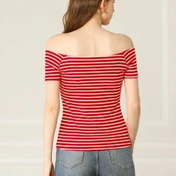 Allegra K Women's Slim Fit Short Sleeves Off The Shoulder Cropped Top