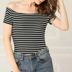 Allegra K Women's Slim Fit Short Sleeves Off The Shoulder Cropped Top