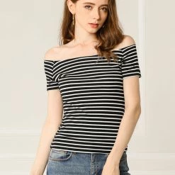 Allegra K Women's Slim Fit Short Sleeves Off The Shoulder Cropped Top